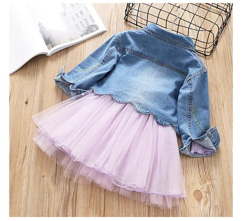 Tulle Dress With Floral Embroidery Denim Jacket