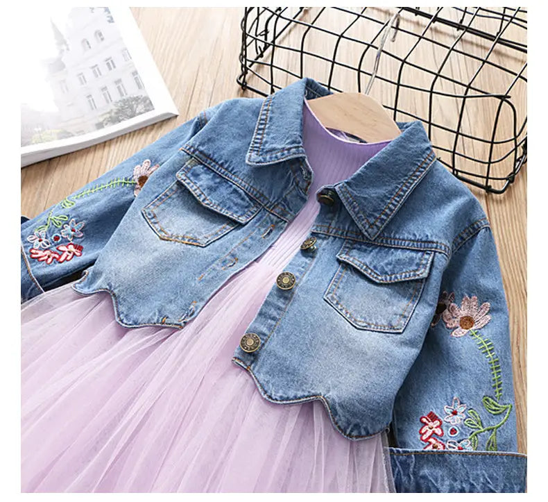 Tulle Dress With Floral Embroidery Denim Jacket
