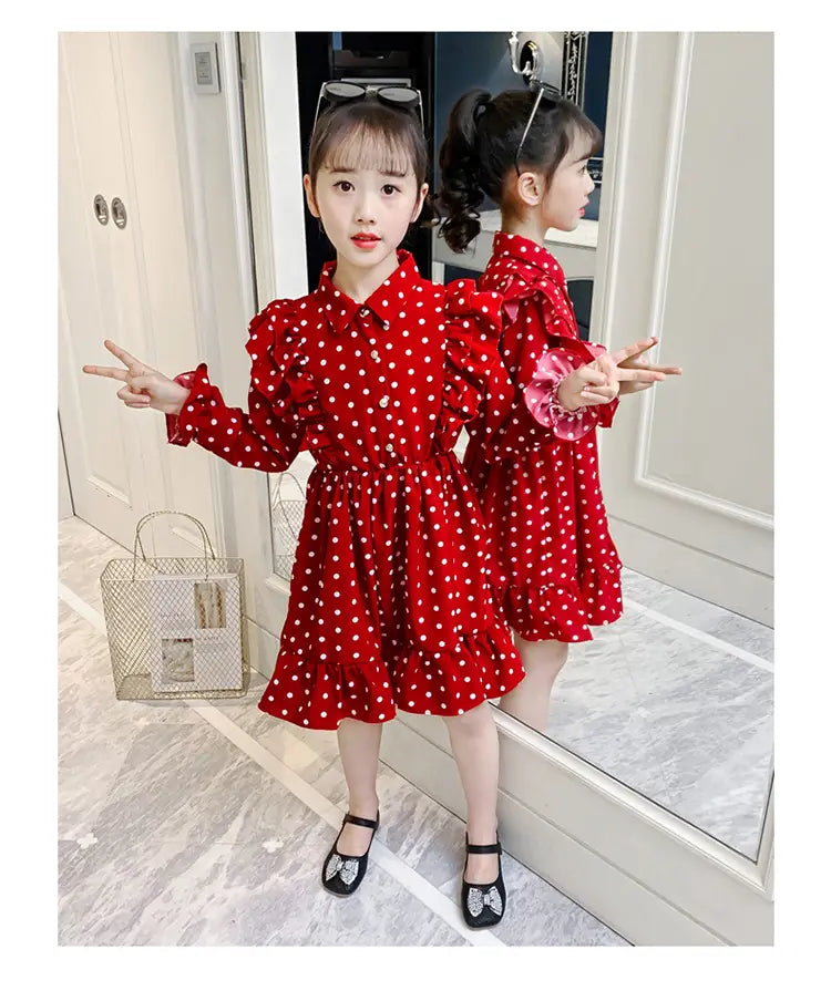 Red Polka Dot Ruffle Shoulder Wrist Hem Toddler Dress