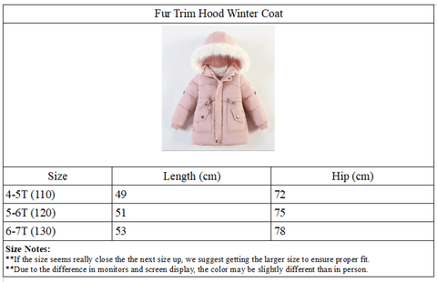 Fur Trim Hood Winter Coat Size Chart | Kyds Klothing